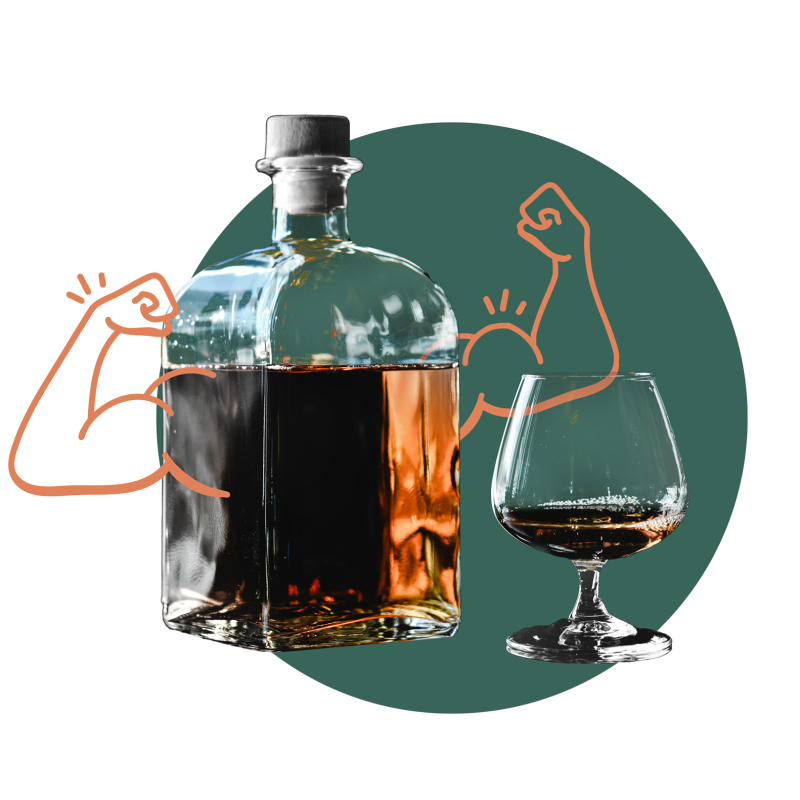 Láhev brandy s dokreslenými bicepsy a sklenkou