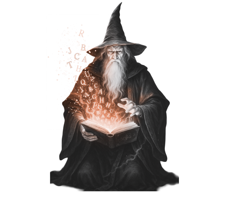 Čaroděj s kouzelnickou knihou, ze které létají písmena