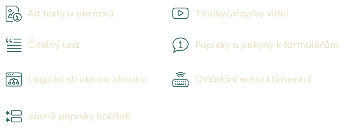 Infografika Na co se v rámci přístupnosti zaměřit: alt texty, čitelnost, logická struktura, popisy tlačítek, formuláře, ovládání klávesnicí