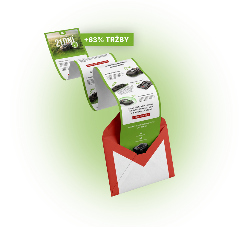 Obálka (logo Gmailu) s vykukujícím srolovaným newsletterem