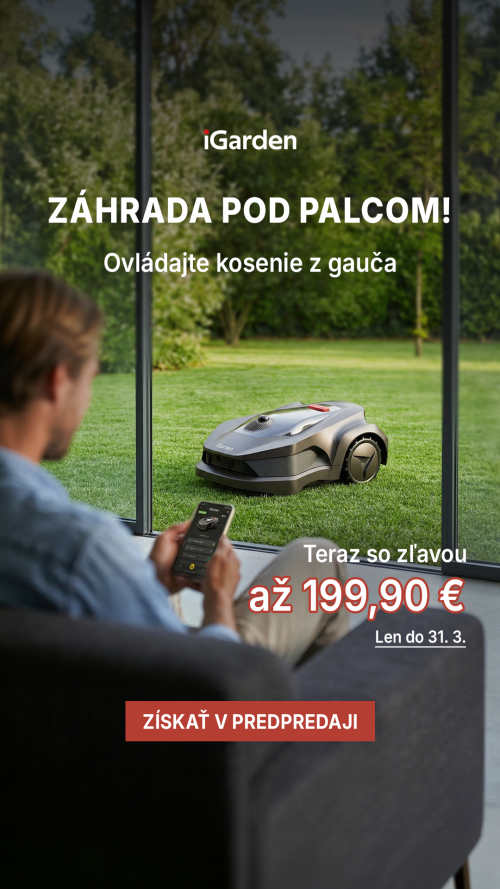 Banner na robotickou sekačku iGarden znázorňující možnost ovládání z mobilu z gauče