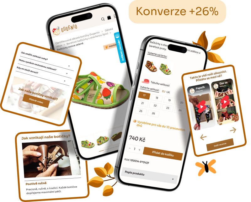 Mockupy e-shopu v mobilu a poházené snímky, popisek Konverze + 26 %