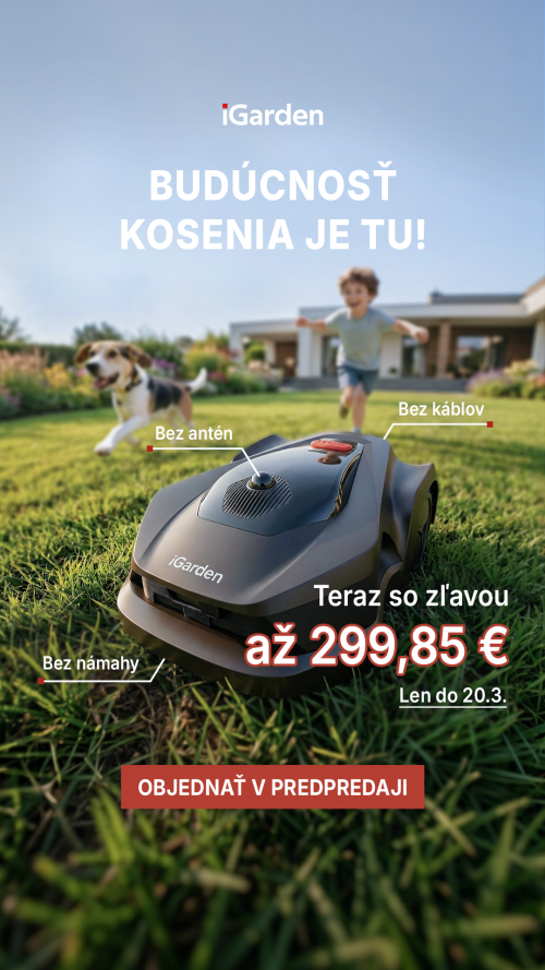 Ukázka banneru na robotickou sekačku iGarden (sekačka jedoucí po trávě, v pozadí dítě se psem, texty s benefity)