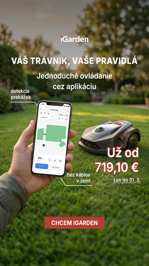 Ukázka banneru na robotickou sekačku iGarden (sekačka jedoucí po trávě, ruka s mobilem ovládající aplikaci k sekačce, texty s benefity)