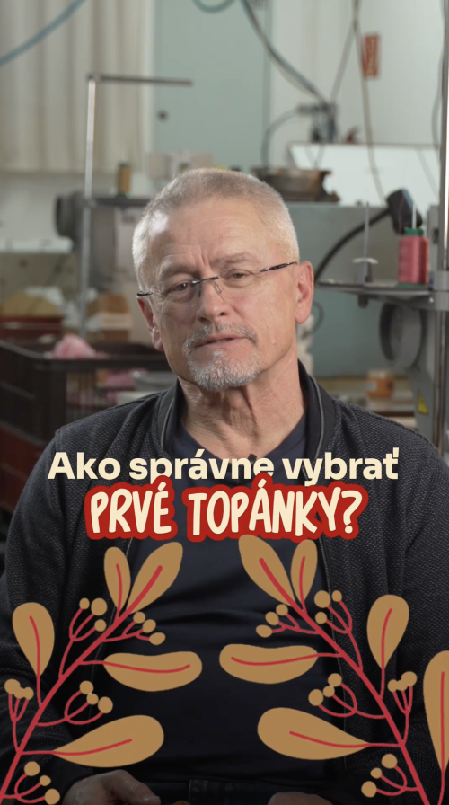 Náhledový obrázek edukativního videa – muž ve výrobně botiček, popisek Ako správne vybrať prvé topánky?