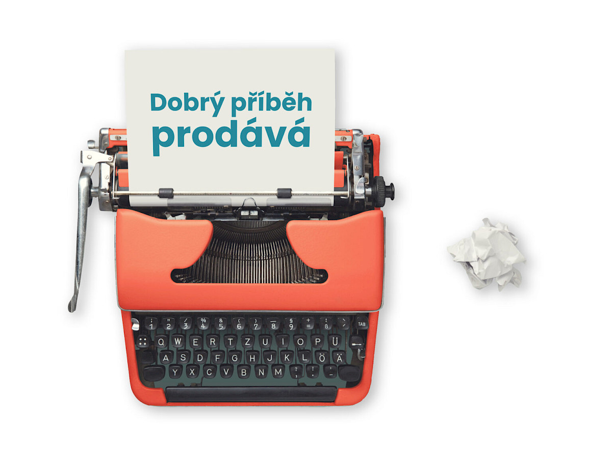 Psací stroj, který píše text Dobrý příběh prodává