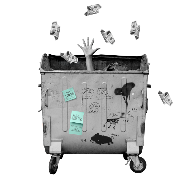 Odpadkový koš, z něhož trčí ruka, která vyhazuje bankovky do vzduchu.