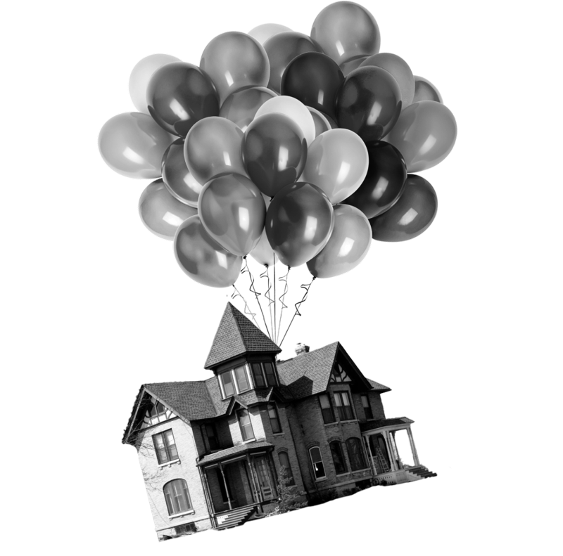 Dům letící vzhůru díky připevněným balónkům