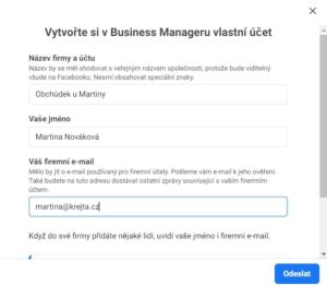 Vyplnění údajů ve Facebook Business Manageru
